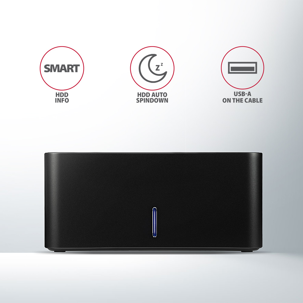 Fekete eszköz három ikonnal, amelyek a funkciókat jelzik: HDD info, automatikus leállás, USB-A a kábelen.