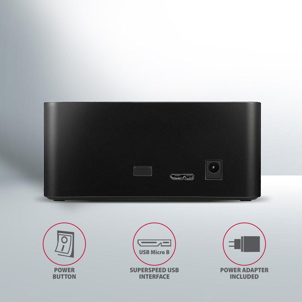 Fekete külső merevlemez portokkal és ikonokkal. Bekapcsológomb, USB és hálózati adapter ikonok.