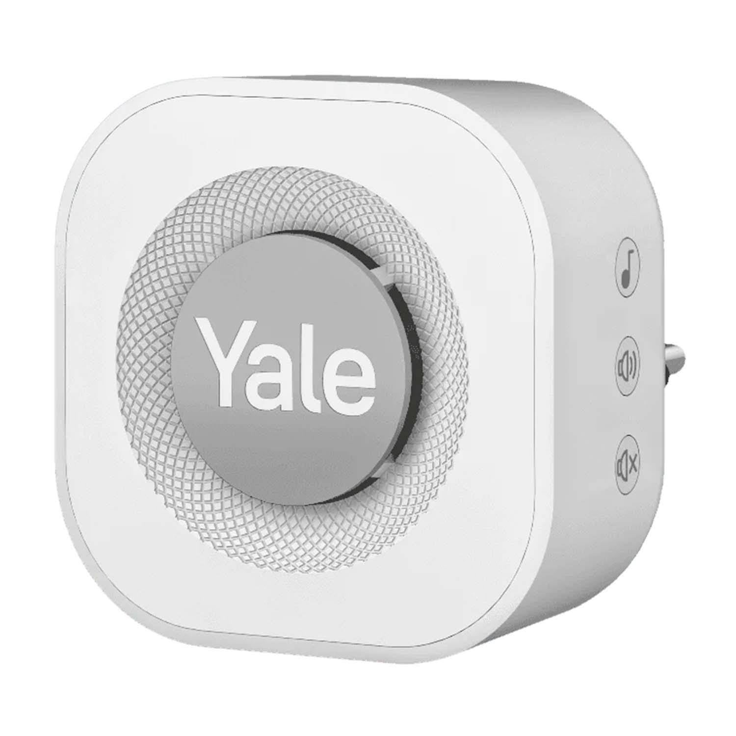 Una Yale Smart Sound Machine bianca con pulsanti e una griglia per altoparlanti su sfondo bianco.
