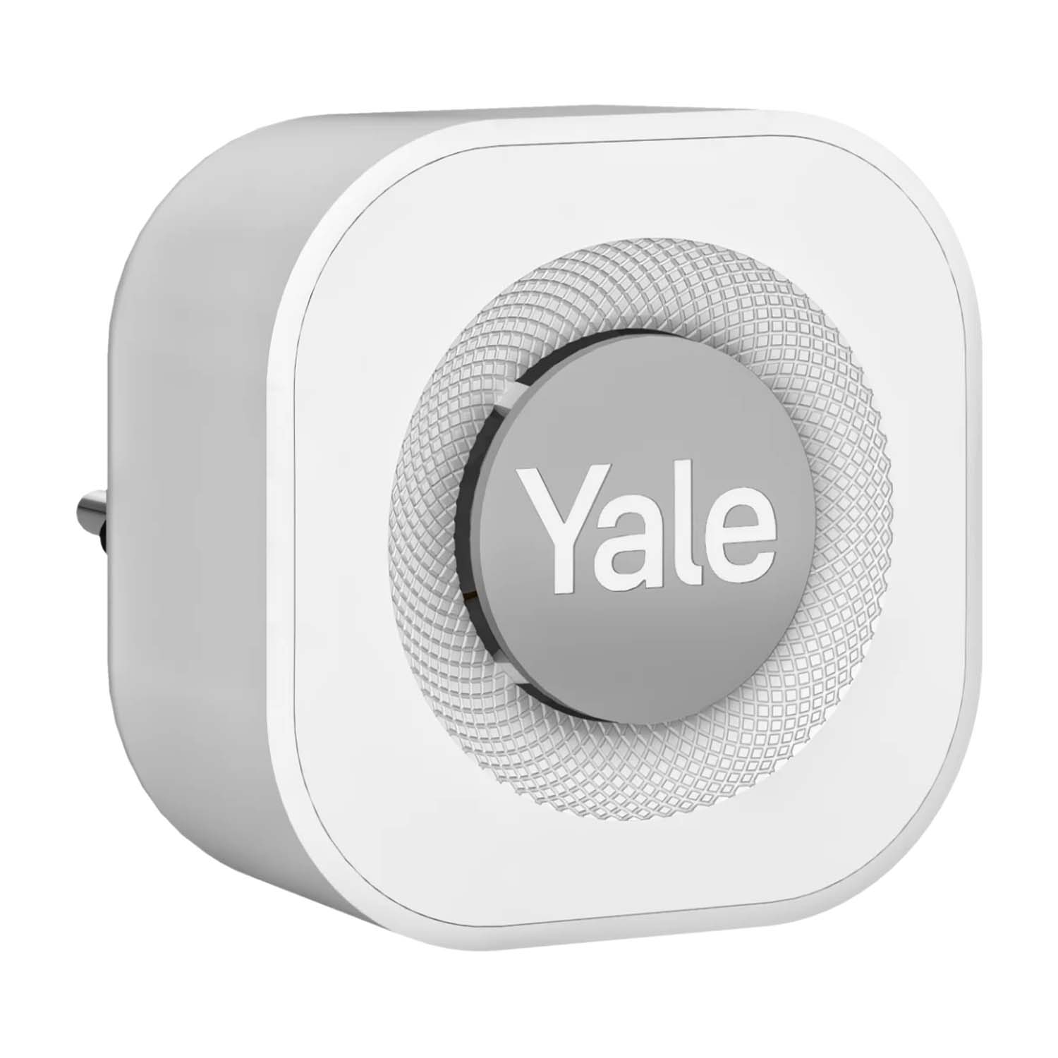 Un dispositivo smart home Yale bianco con logo Yale grigio, su sfondo bianco.
