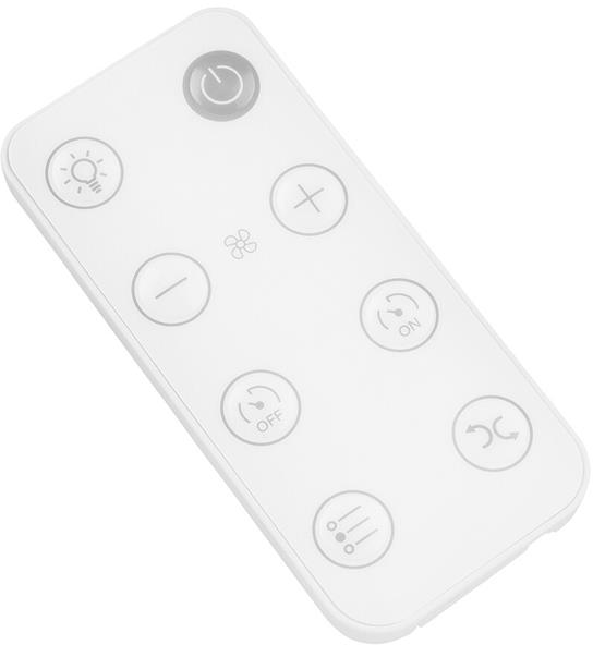 Weiße Fernbedienung mit verschiedenen Tasten: Ein/Aus, Licht, Lüfter, Plus, Minus, Ein, Aus und andere Funktionen.