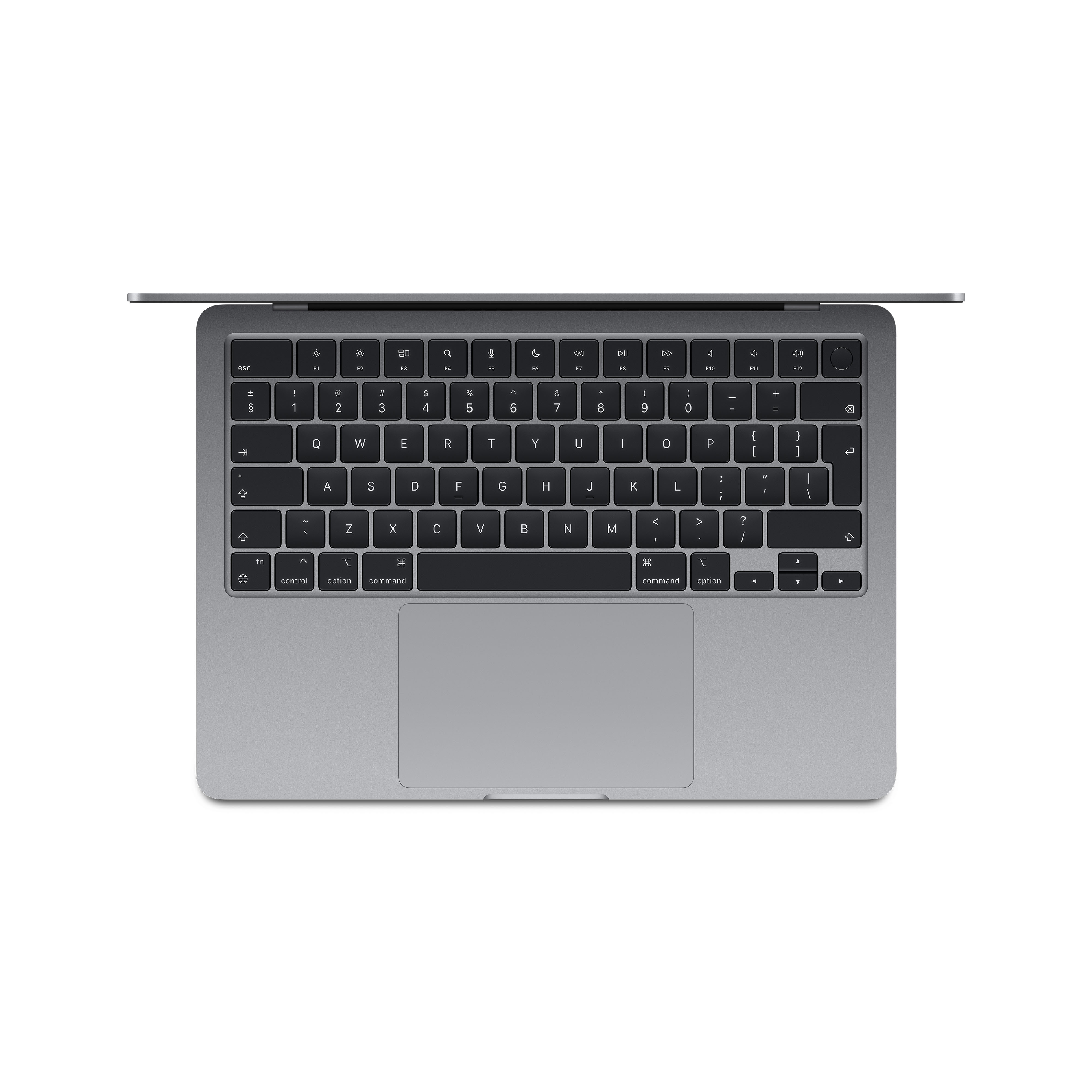 Laptop-Tastatur, Draufsicht, silbernes Gehäuse, schwarze Tasten.