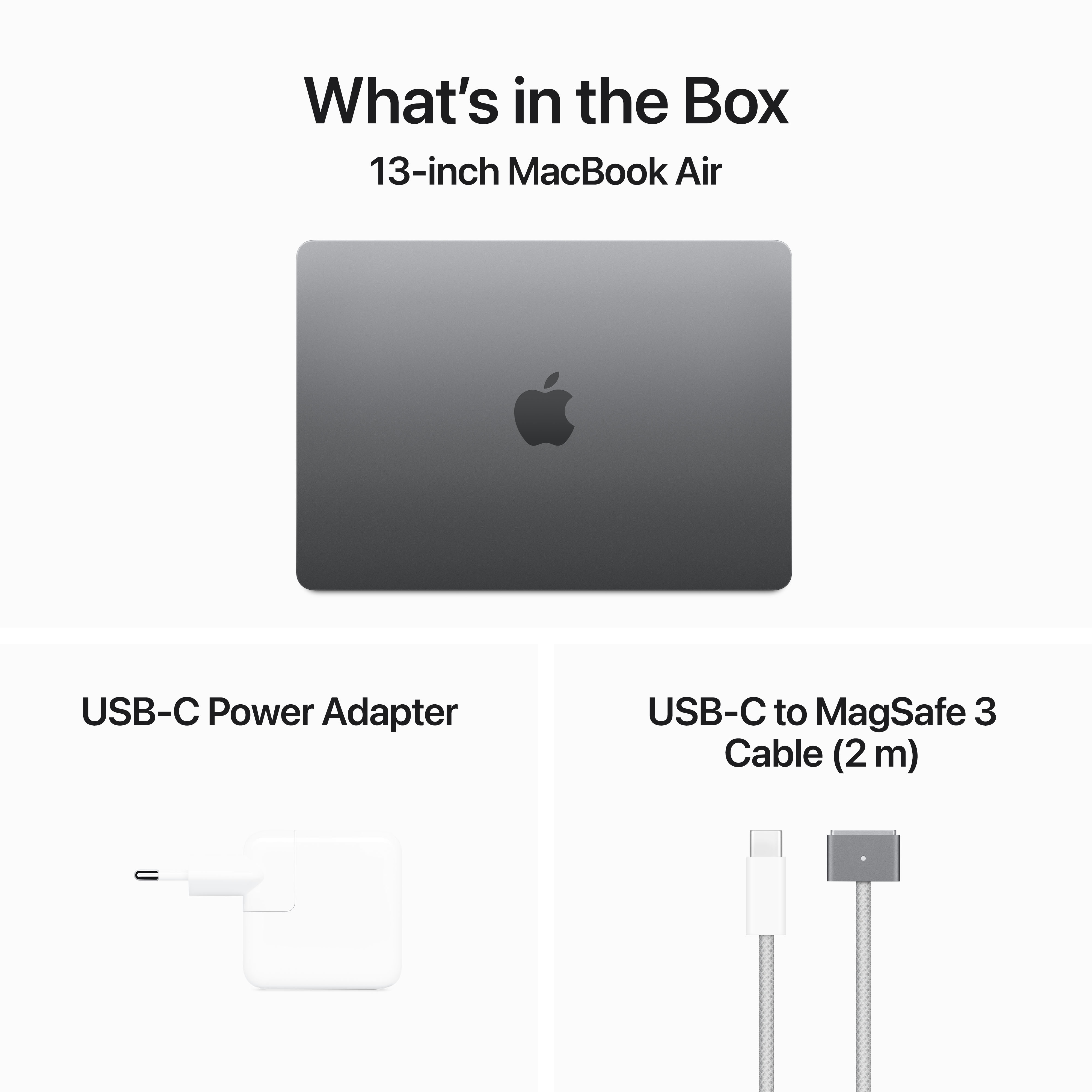 Laptop, Ladegerät und Kabel in einer Box. MacBook Air, USB-C-Netzteil und Kabel.