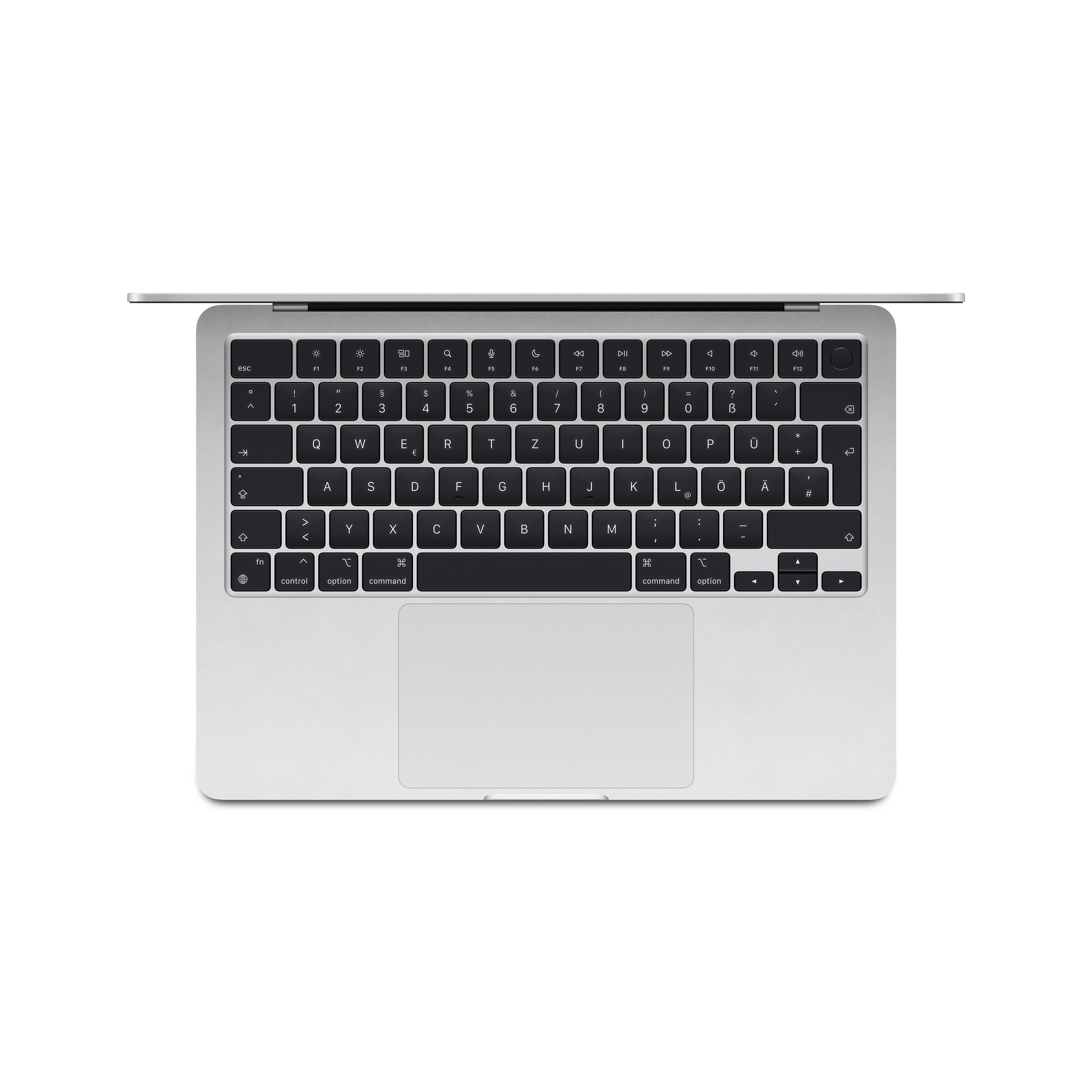 Draufsicht auf einen silbernen Laptop mit schwarzer Tastatur und hellem Trackpad.
