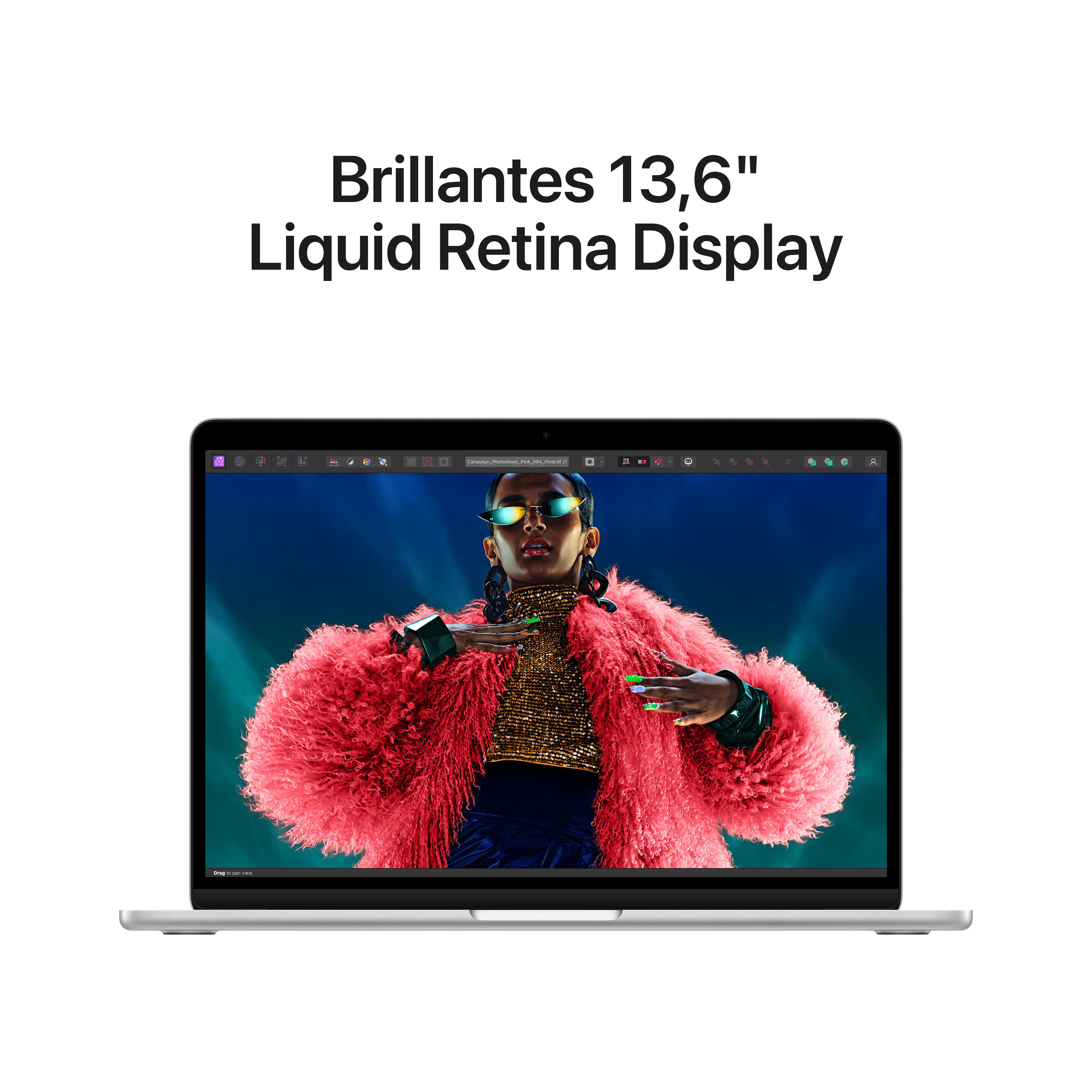 Laptop mit farbenfrohem Bild auf dem Bildschirm, Text mit der Aufschrift 'Brillantes 13,6" Liquid Retina Display'.
