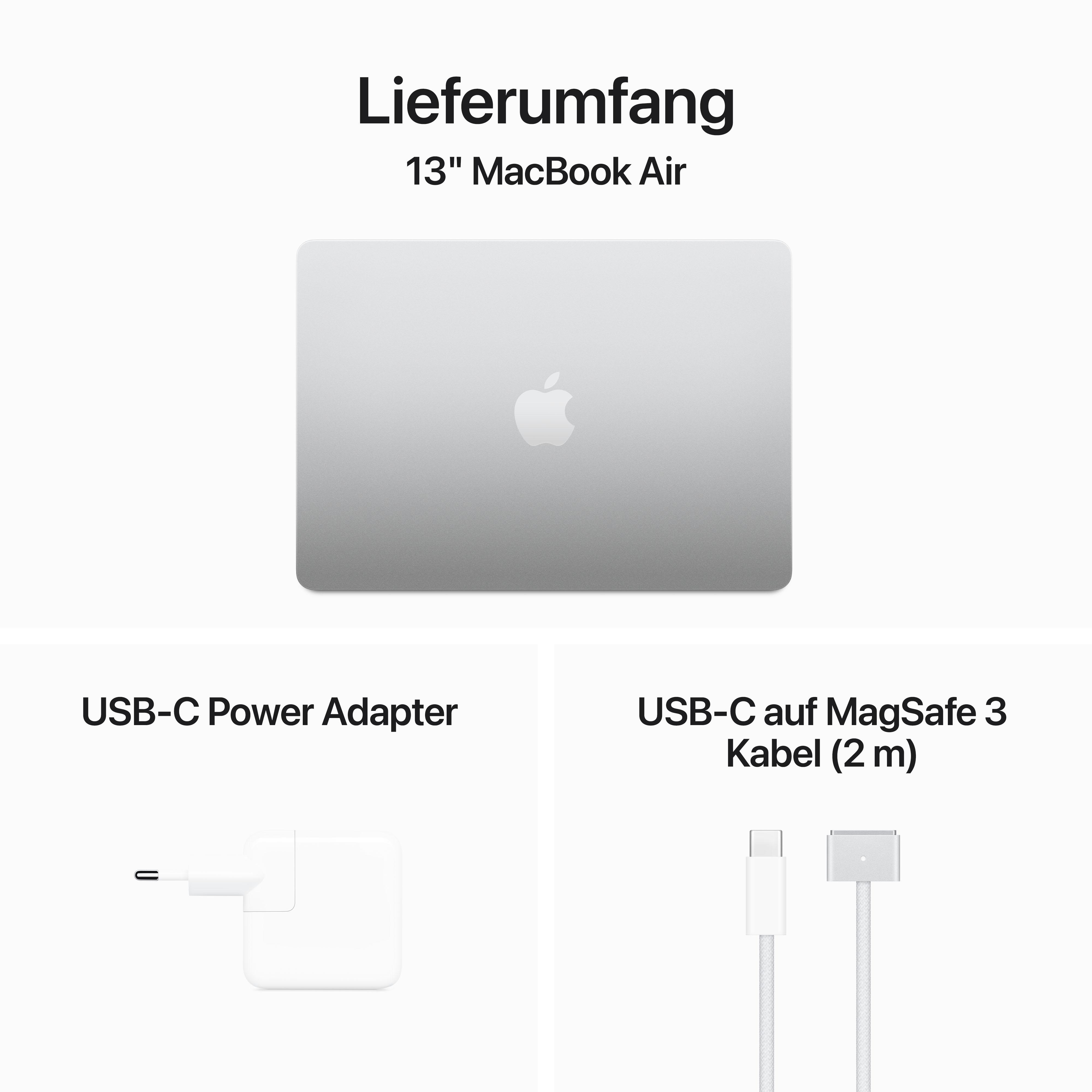 Geschlossenes silbernes MacBook Air, USB-C-Netzteil und USB-C-auf-MagSafe-3-Kabel (2 m) auf weißem Hintergrund.