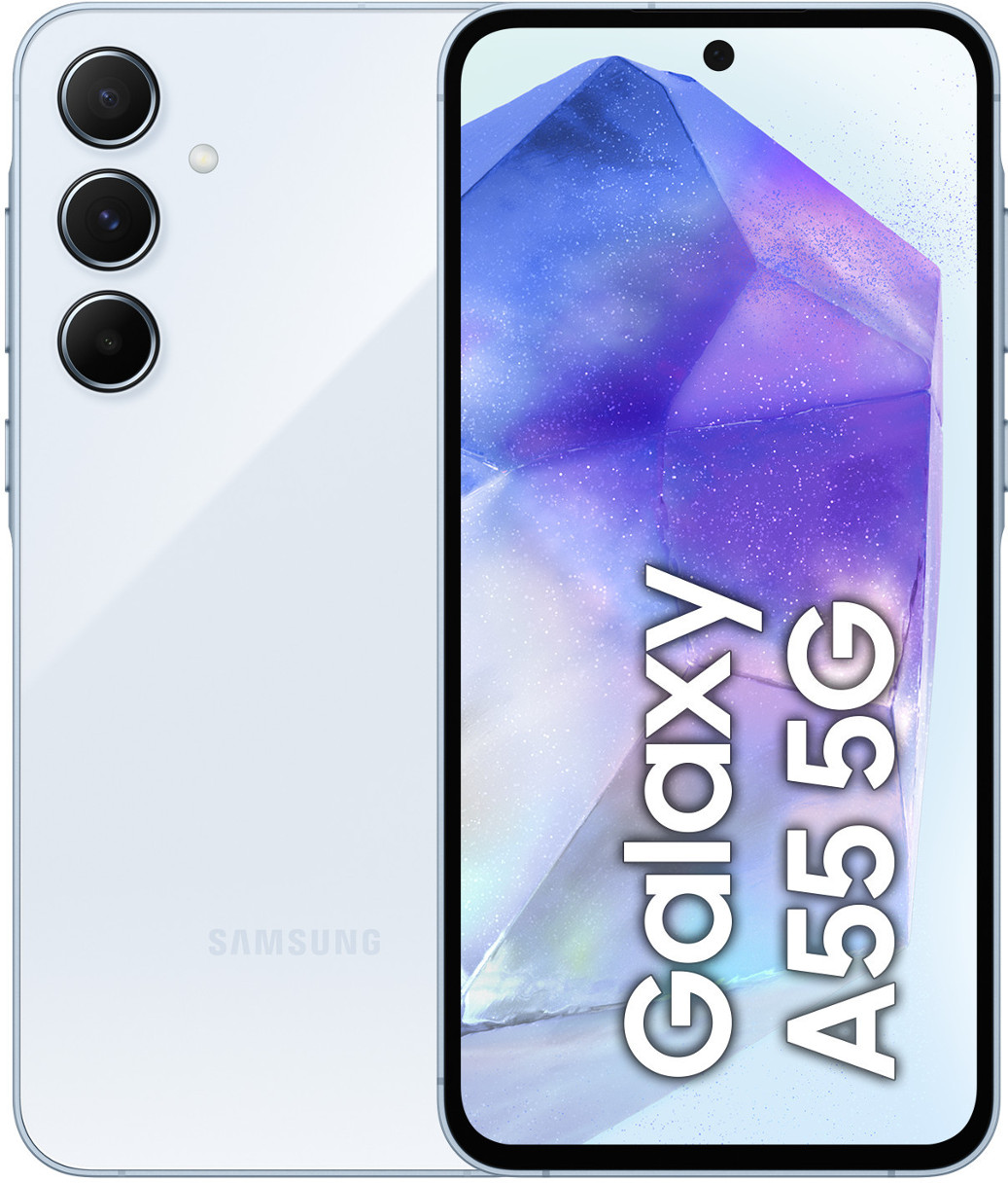 Smartfon z potrójnym obiektywem aparatu i logo Galaxy A55 5G, w kolorze białym i jasnoniebieskim.