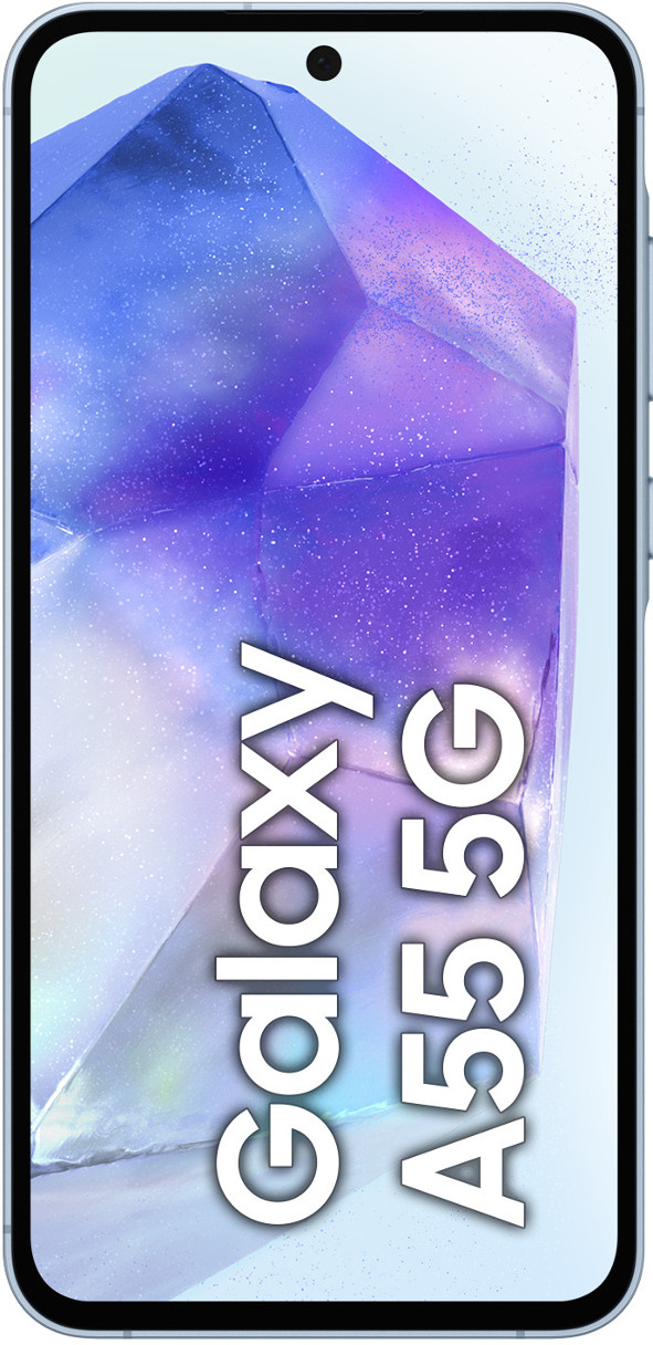 Telefon Samsung Galaxy A55 5G. Telefon ma niebieski tył i ekran z kryształowym wzorem.