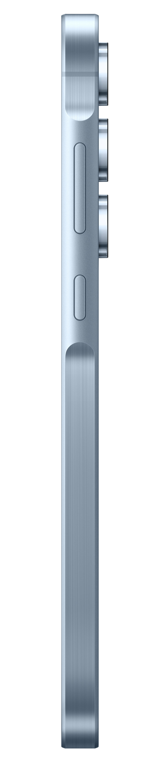 Widok z boku jasnoniebieskiego iPhone'a. Pokazuje przyciski głośności i moduł aparatu.