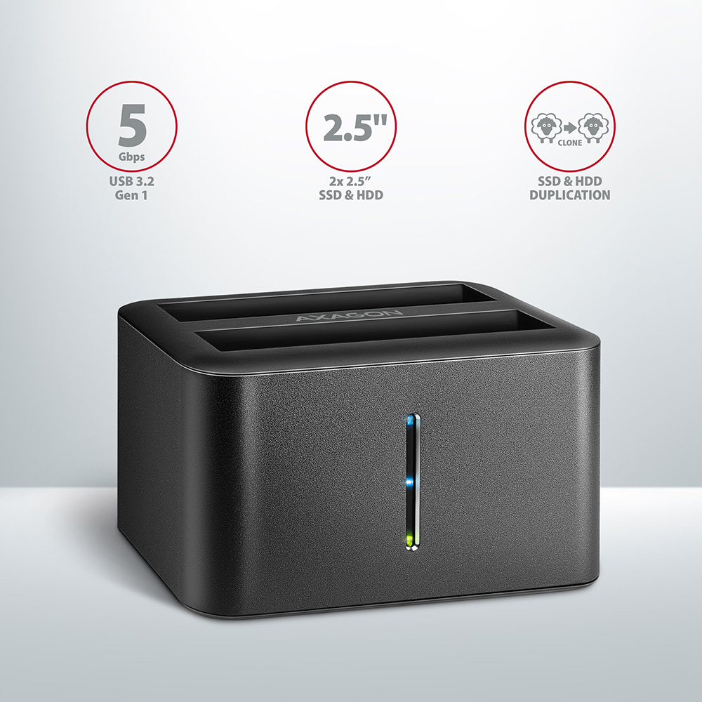 Fekete merevlemez-ház két nyílással, USB 3.2-vel és SSD/HDD-duplikációs szimbólumokkal.