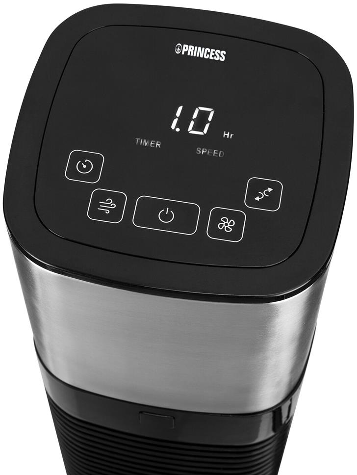 Ventilatore nero e argento con display digitale, mostra '1.0 Hr'. Controlli: timer, accensione/spegnimento, velocità e ventola.