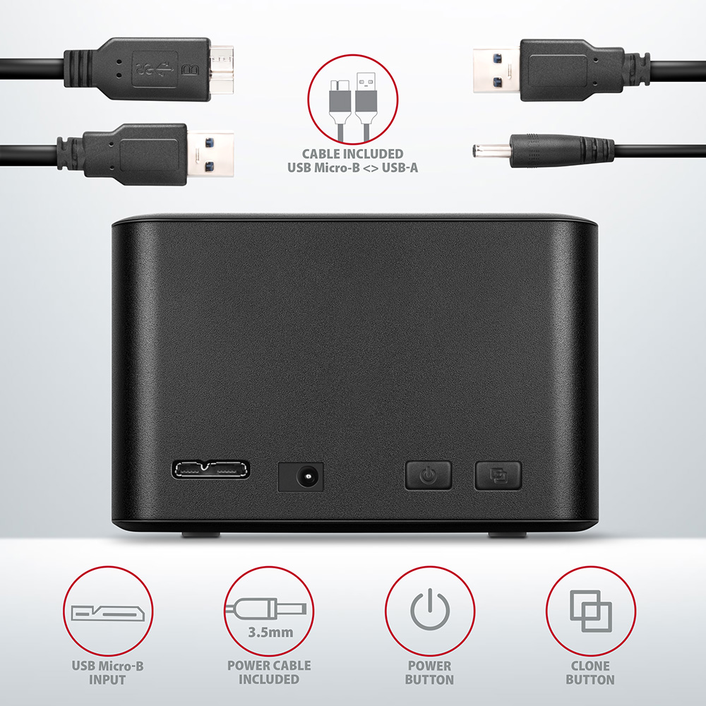 Fekete eszköz csatlakozókkal, USB portokkal, bekapcsoló és klón gombokkal, mellékelt kábelekkel.