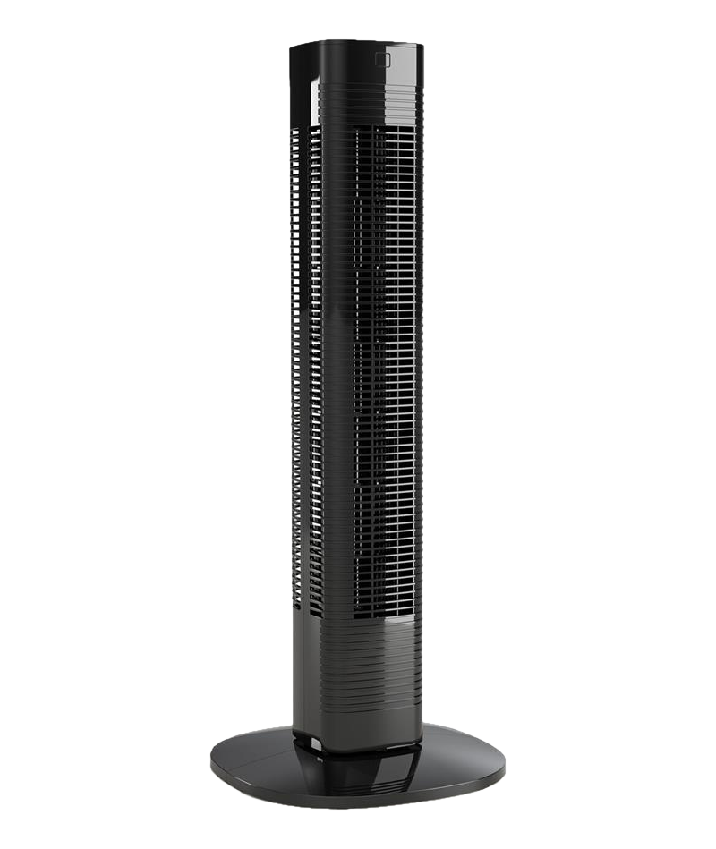 Un ventilatore a torre nero. Ha una base rotonda e un corpo alto e rettangolare con lamelle verticali. Lo sfondo è nero.