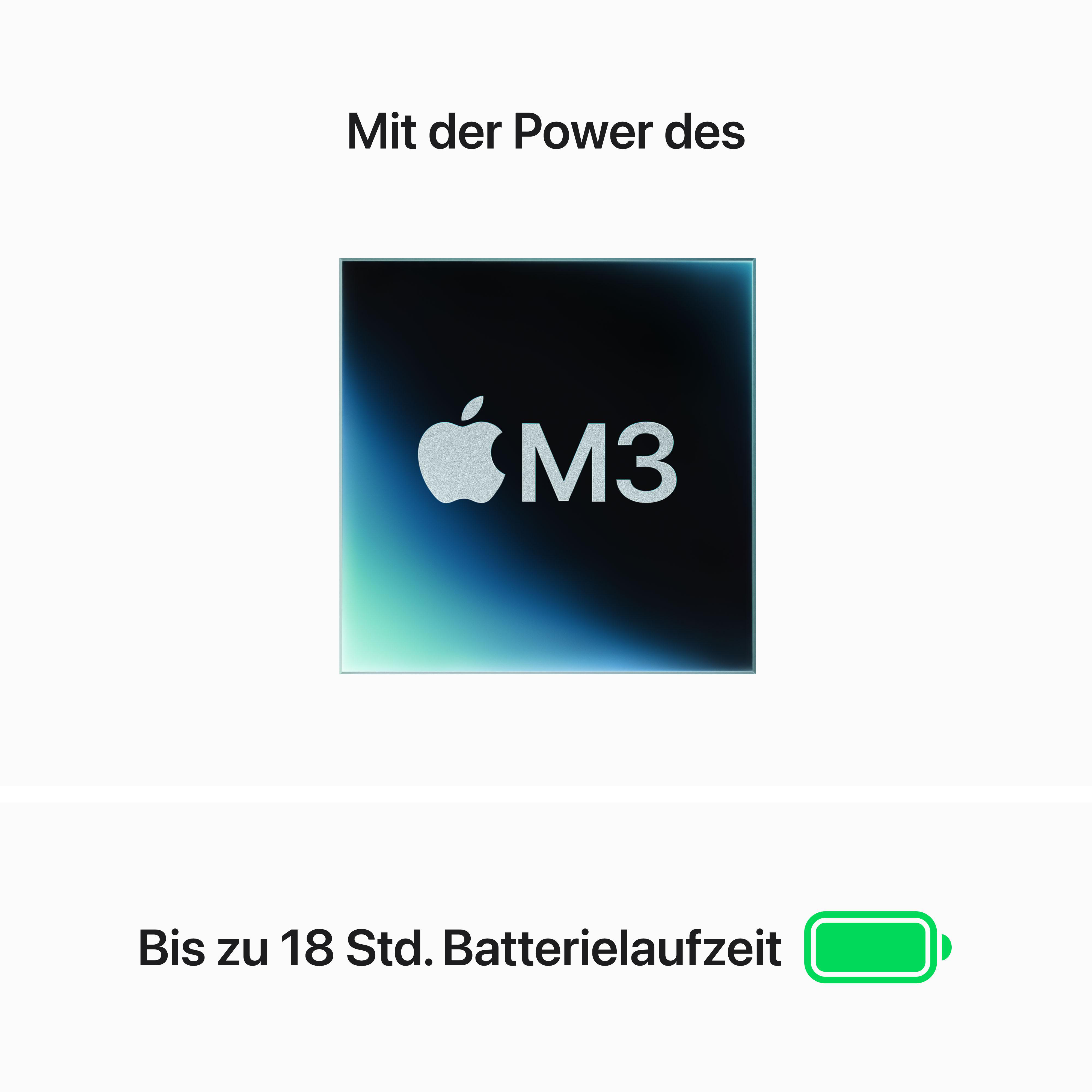 Apple M3 Chip-Logo mit Text und Akku-Symbol für lange Akkulaufzeit.