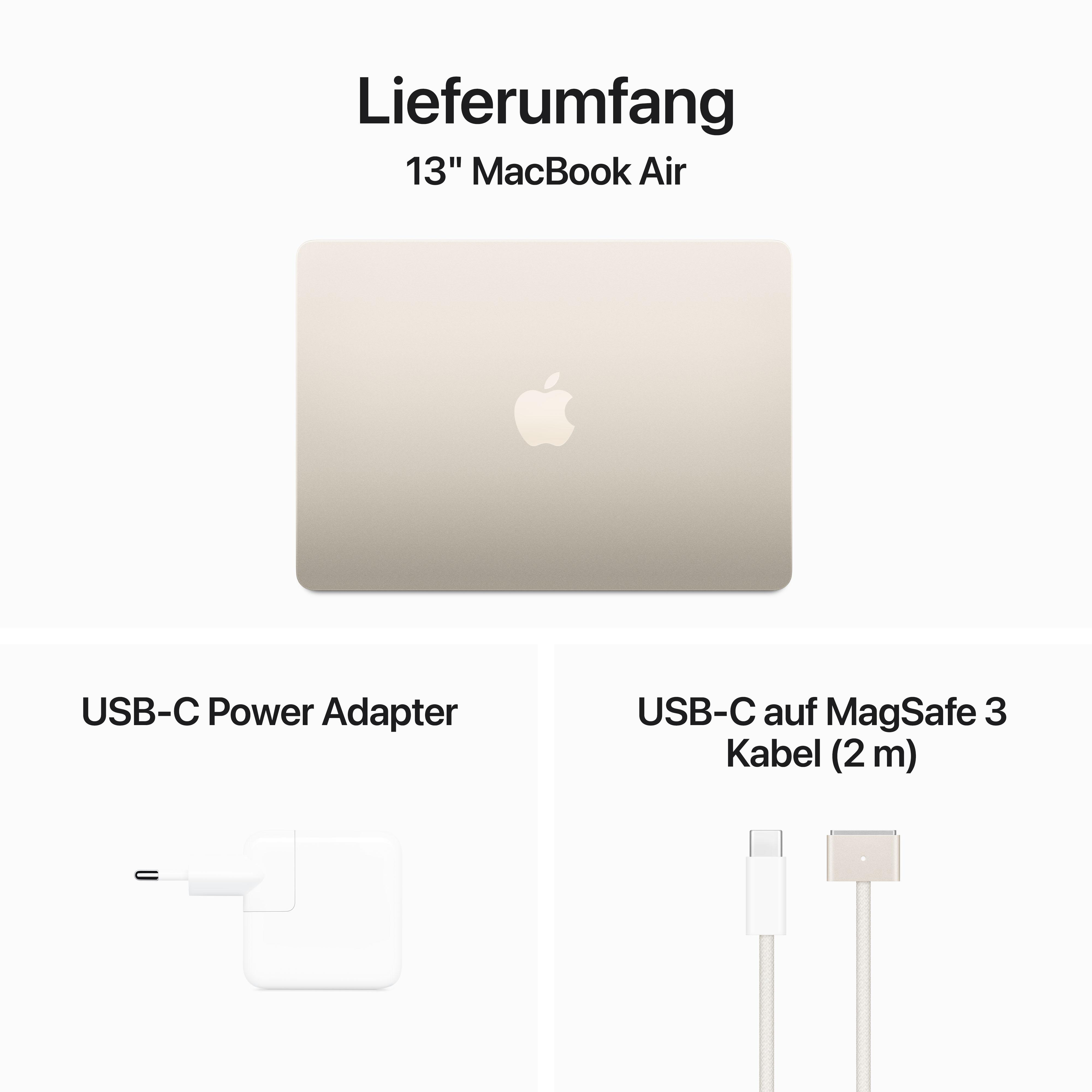 13" MacBook Air, USB-C-Netzteil und USB-C-auf-MagSafe-3-Kabel. Weißer Hintergrund.