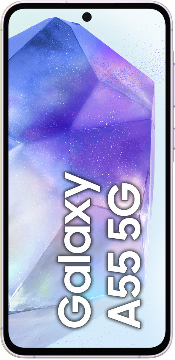 Telefon Samsung Galaxy A55 5G z fioletowo-białym tłem i napisem Galaxy A55 5G.
