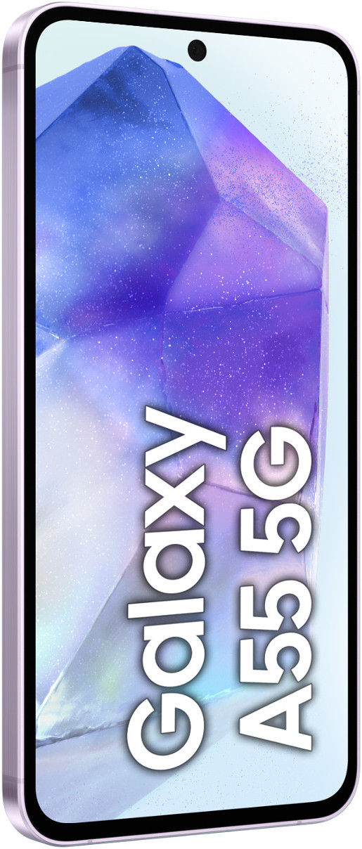 Jasnofioletowy smartfon Samsung Galaxy A55 5G w widoku pionowym.