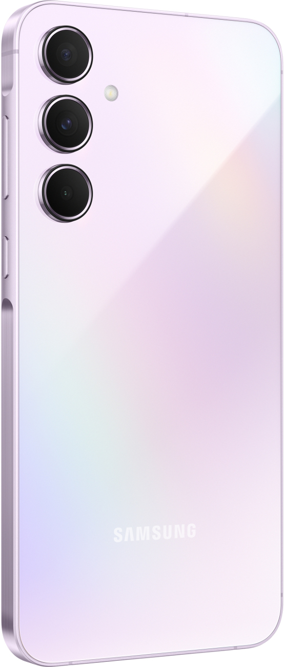 Fioletowy smartfon z trzema tylnymi aparatami, prezentujący błyszczącą, odblaskową tylną powierzchnię.