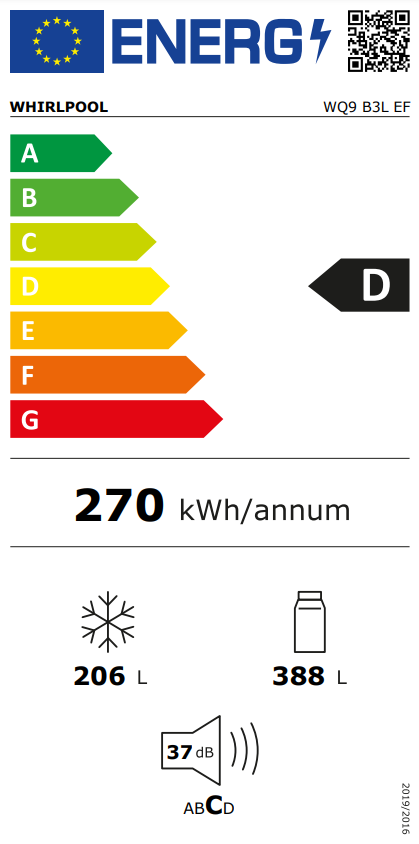 Whirlpool hűtőszekrény energia címkéje, D energiaosztállyal és energiafogyasztási adatokkal.