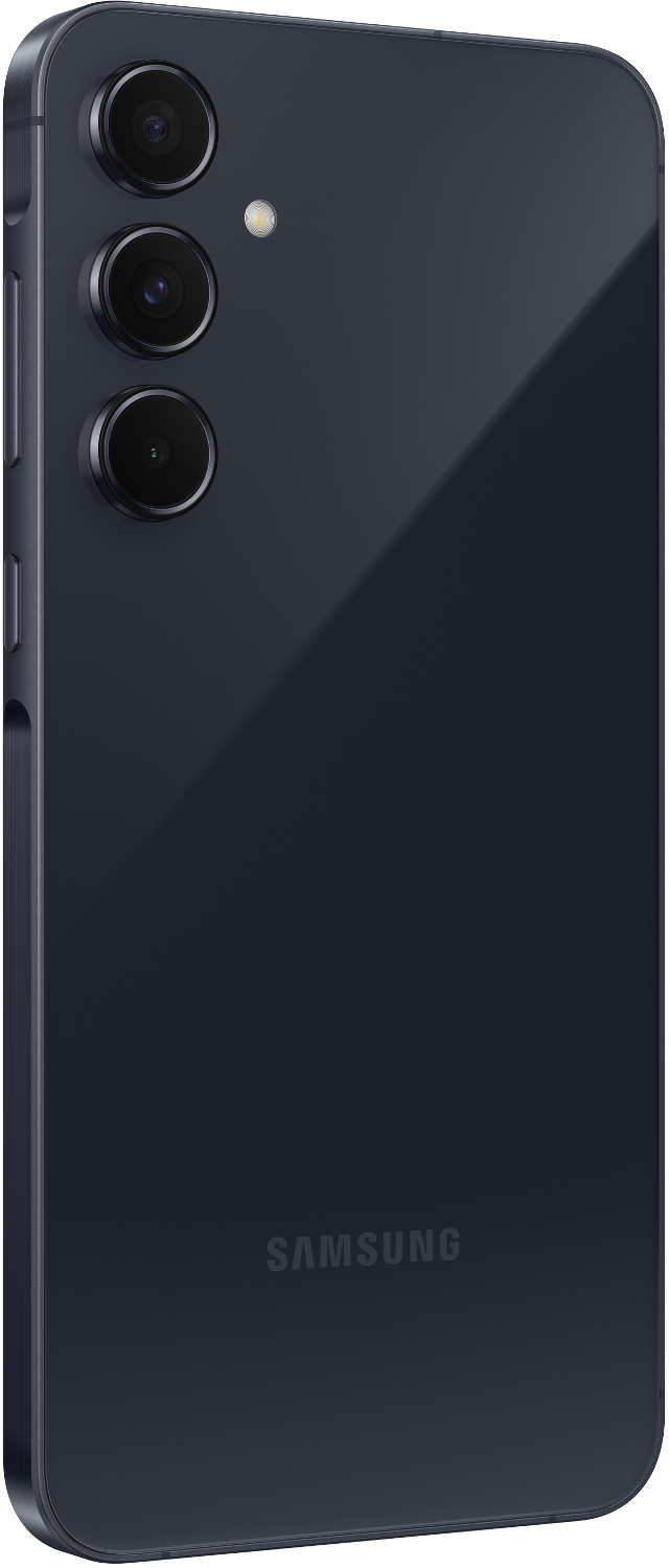 Ciemnoniebieski telefon z wieloma tylnymi kamerami. Logo Samsung na dole.