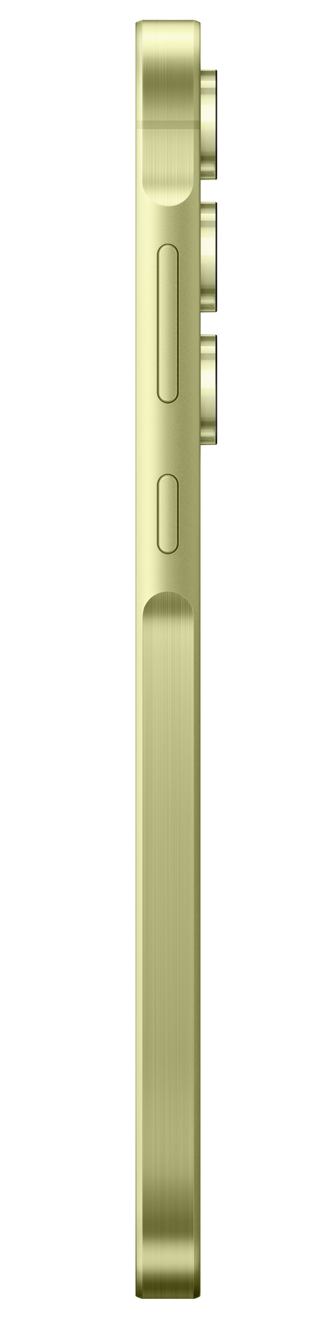Widok z boku złotego smartfona, pokazujący przyciski i wypukłości aparatu, na białym tle.