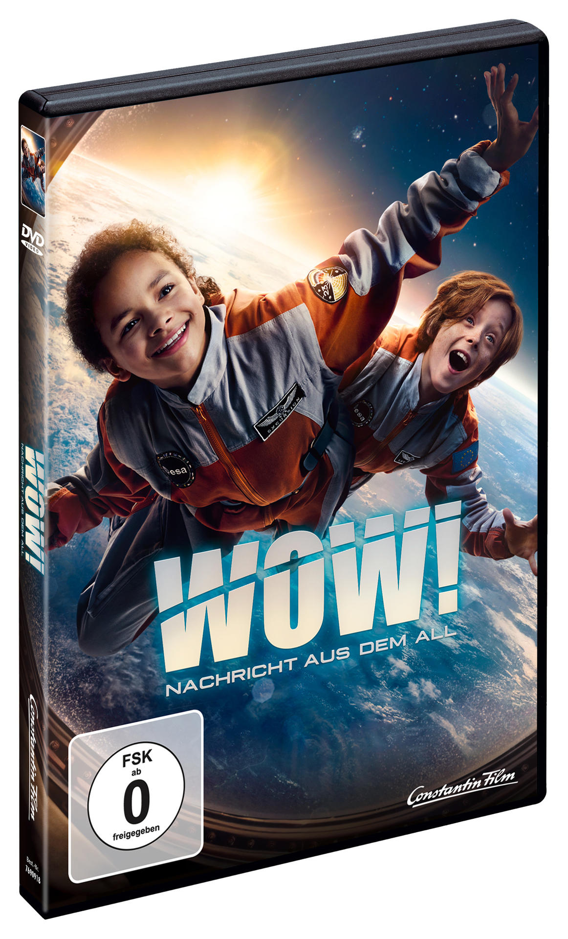DVD-Cover von „WOW! Nachricht aus dem All“. Zwei Kinder in Raumanzügen auf dem Cover.
