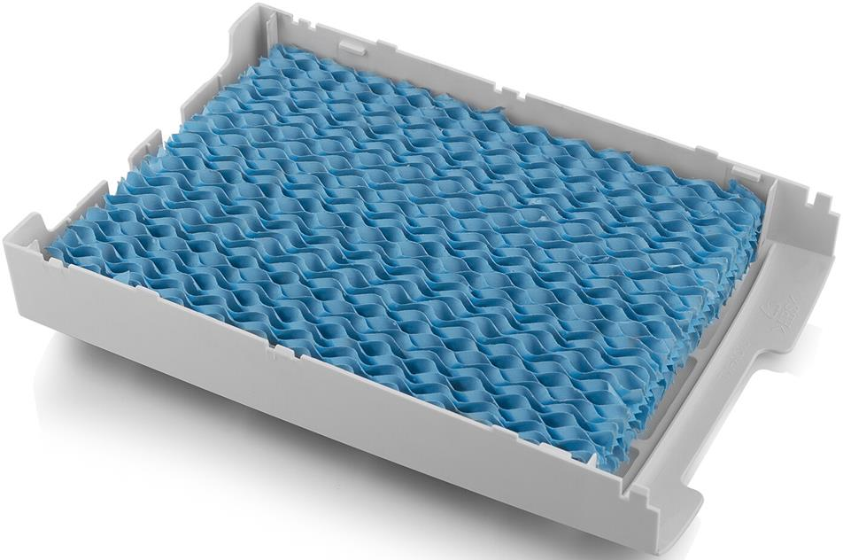 Ein blauer Filter in einem weißen rechteckigen Rahmen.