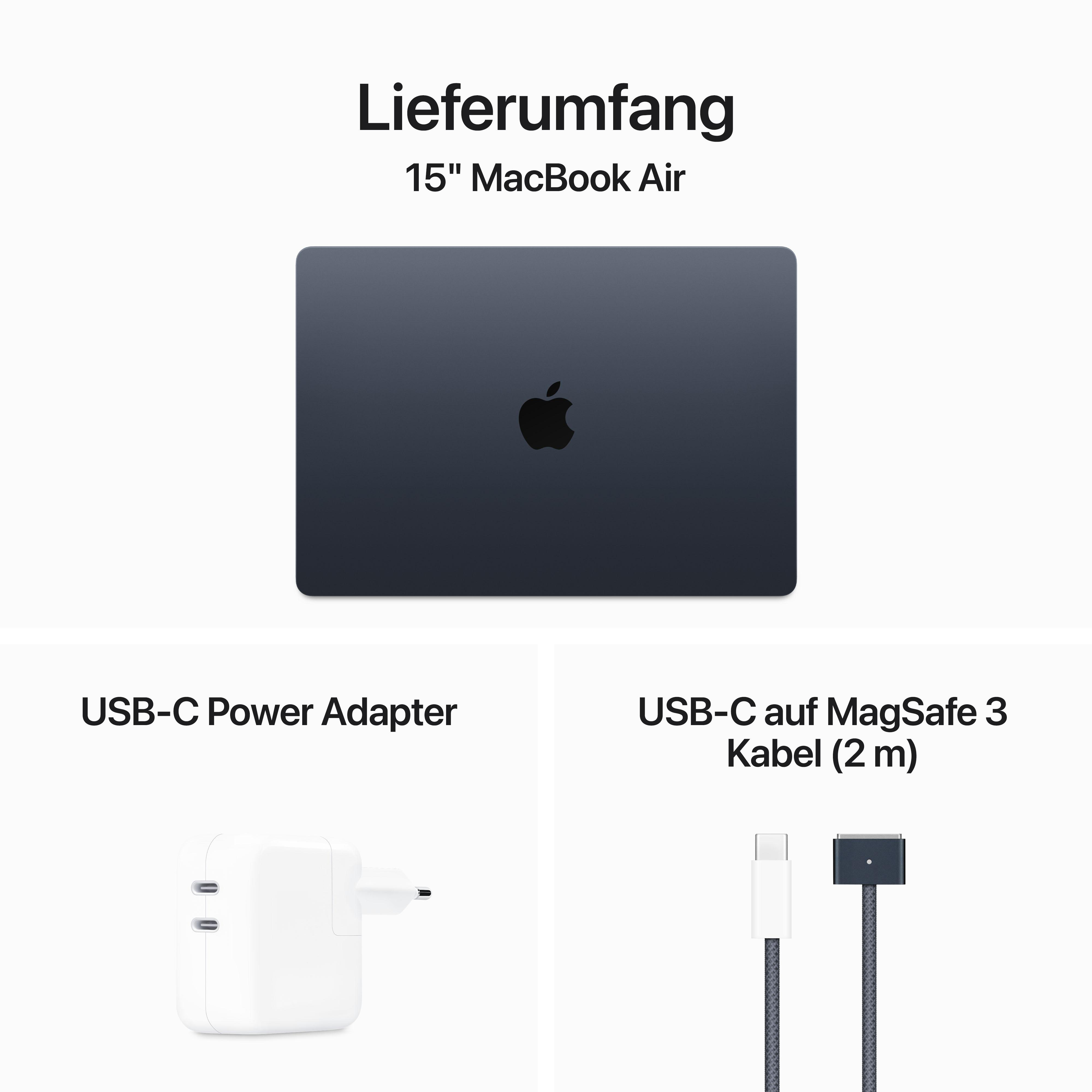 Ein schwarzes MacBook Air, ein weißes Netzteil und ein USB-C-Kabel auf Weiß.