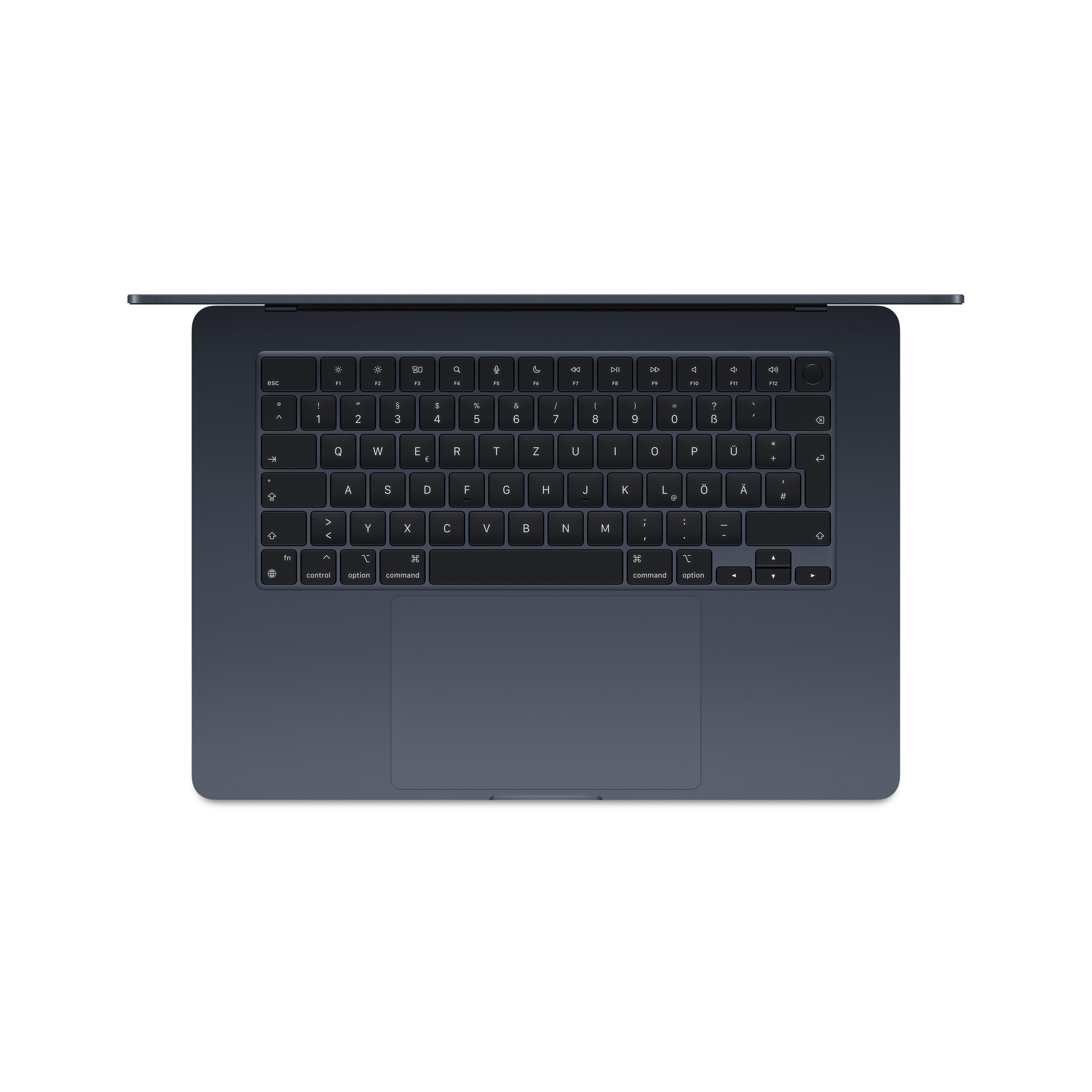 Laptop-Tastatur, dunkle Farbe. Draufsicht auf geöffneten Laptop. Die Tasten sind sichtbar und das Trackpad.