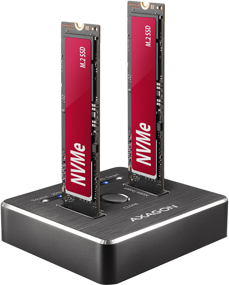 AXAGON USB 3.2 Gen2, külső 2x M.2 NVMe SSD dokkoló, Type-C, fém ház, klón funkció, fekete (ADSA-M2C)