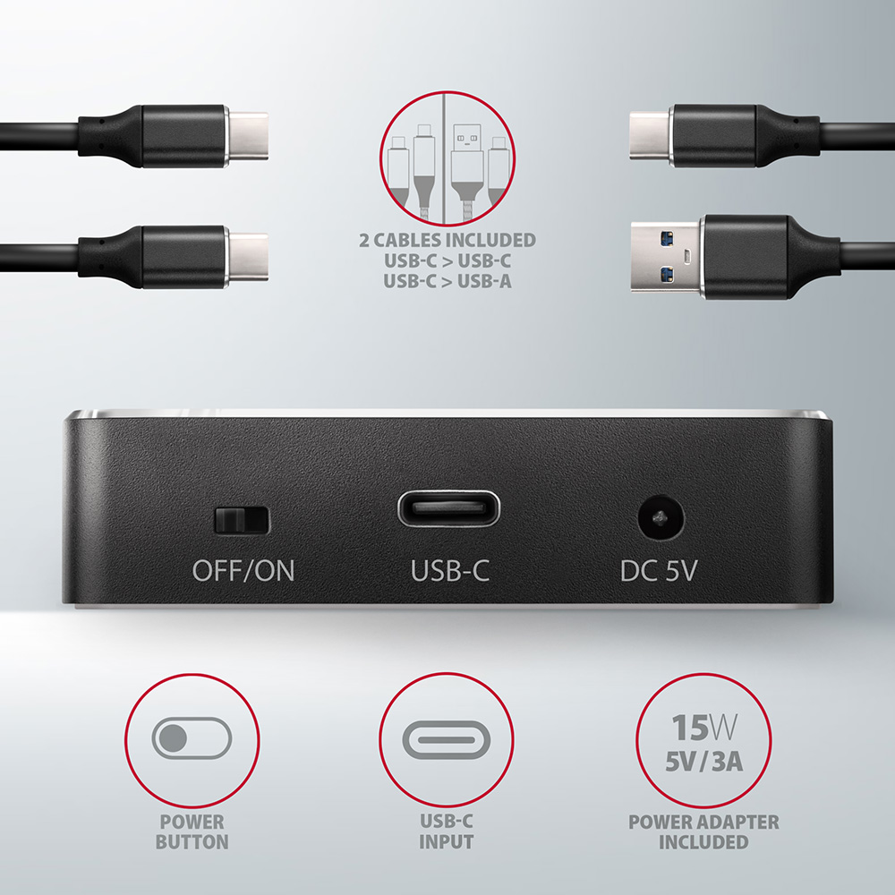 Fekete USB hub kábelekkel. USB-C, USB-A és DC 5V bemenetet, bekapcsológombot tartalmaz.