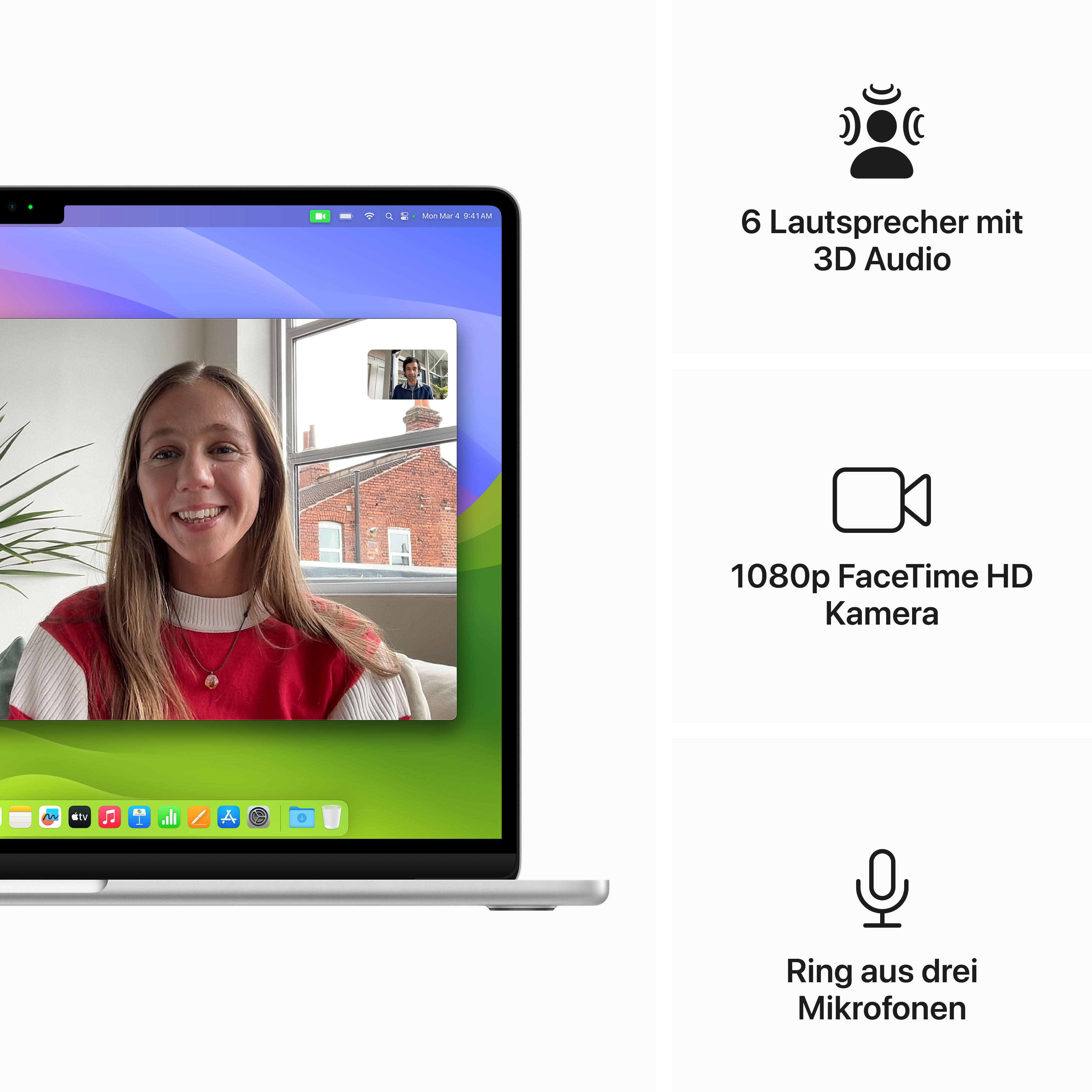 Ein Laptop-Bildschirm mit Videoanruf und Infos zu Funktionen, 6 Lautsprecher, Kamera und Mikrofon.