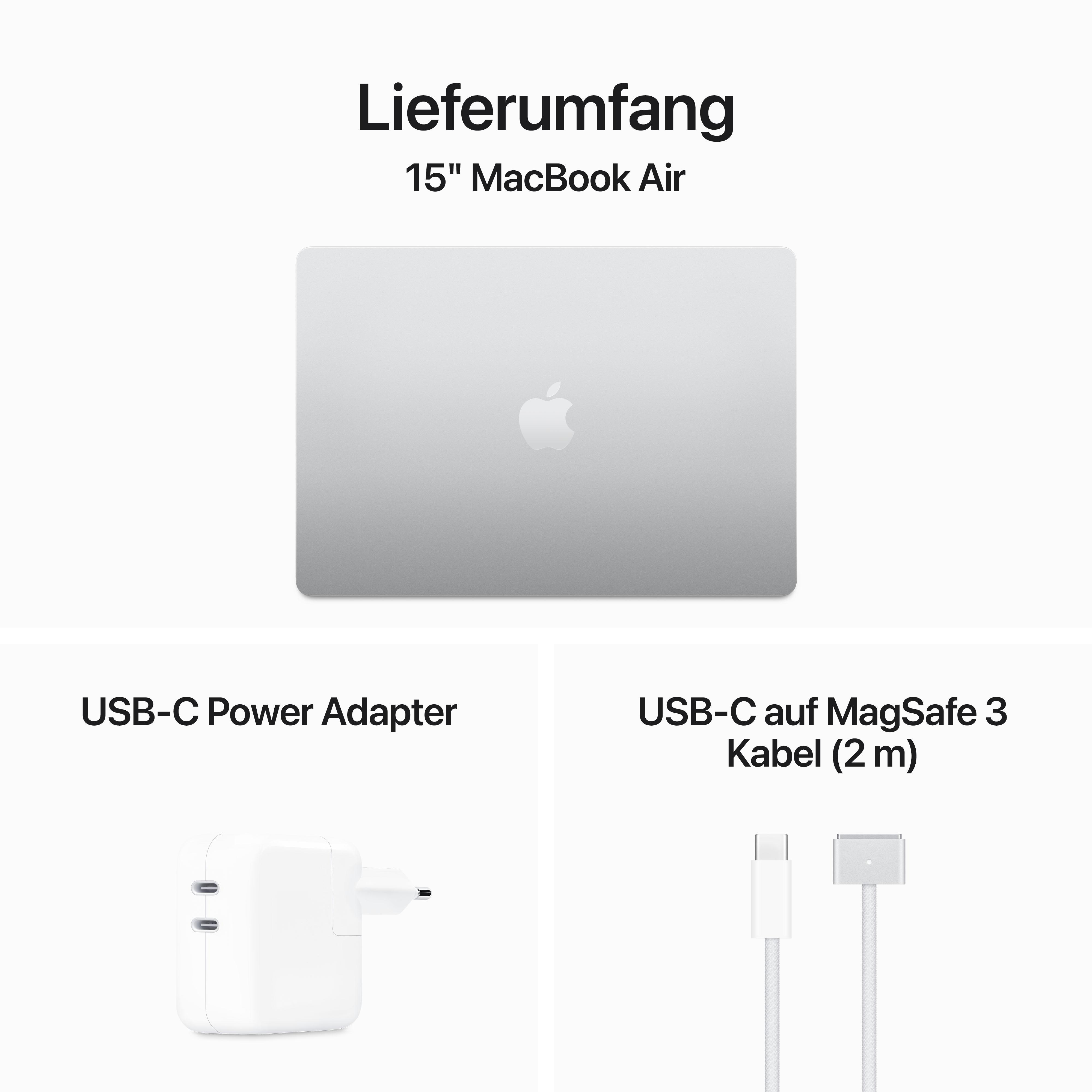 15" MacBook Air mit Zubehör: Netzteil und USB-C-Kabel, angeordnet auf weißem Hintergrund.