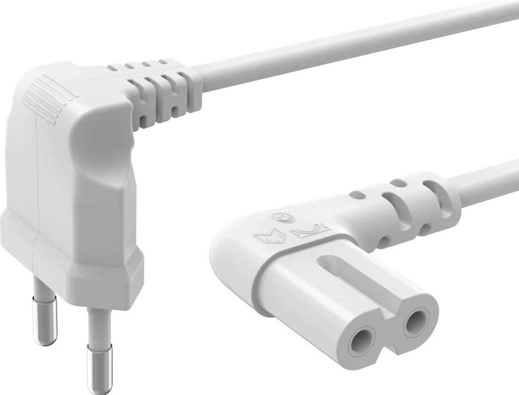 Weißes Netzkabel mit zwei Stiften und einem schwarzen abgewinkelten Stecker.