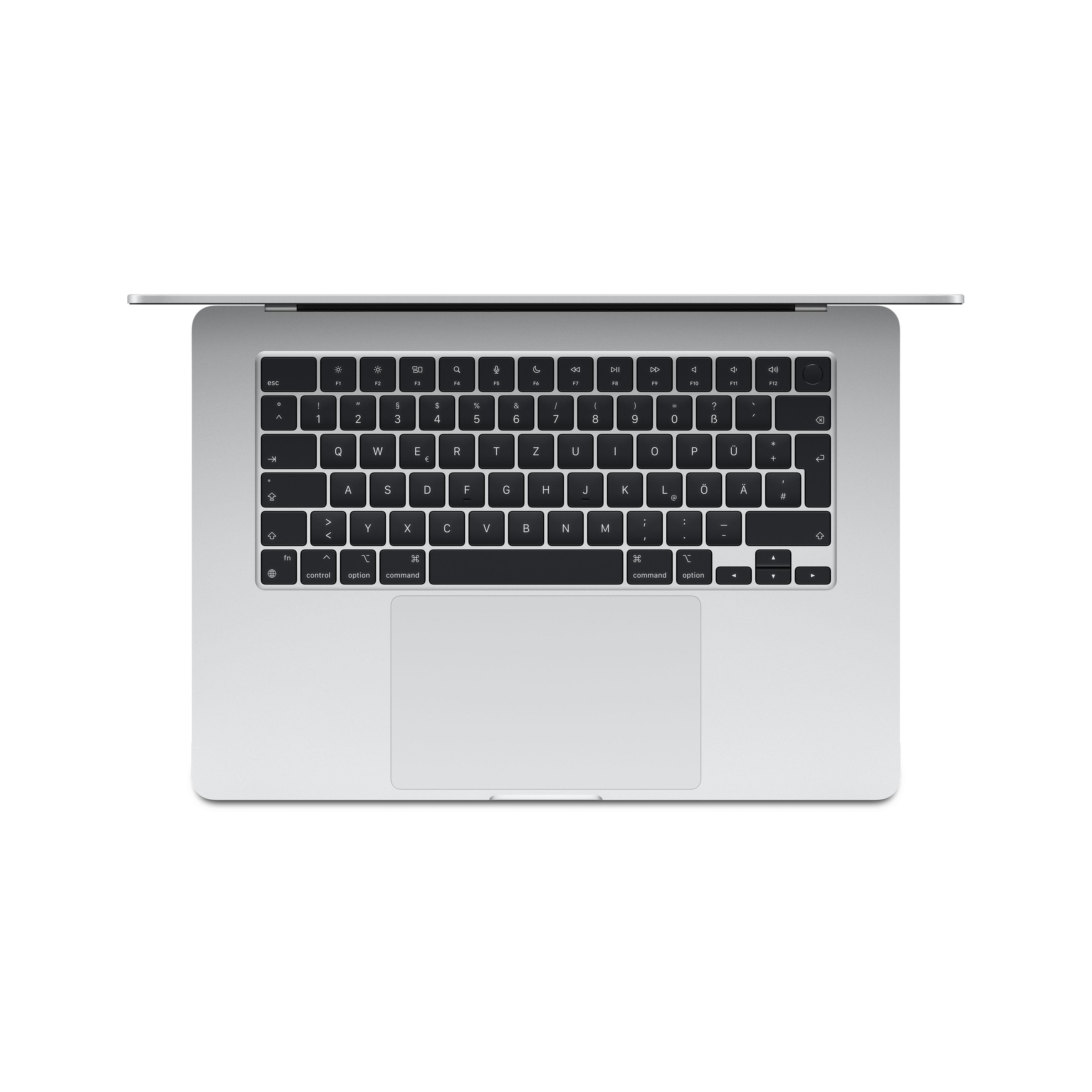 Laptop-Tastatur von oben, silbernes Gehäuse. Schwarze Tasten und Touchpad.