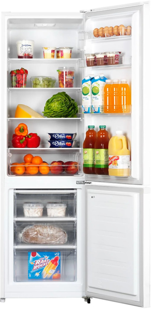 A refrigerator filled with food and drinks, the doors are open.