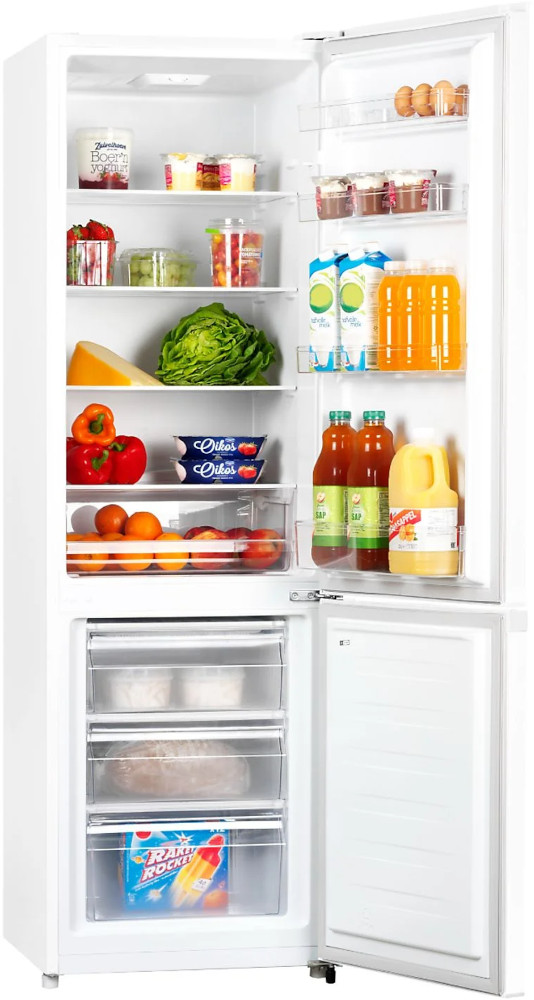 Open white refrigerator filled with food. Includes fruits, vegetables, drinks, and dairy products.