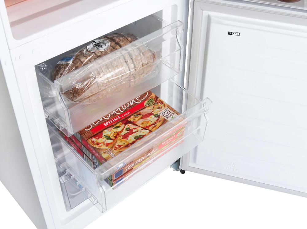 Open refrigerator with two clear drawers. Bread and pizza are visible.