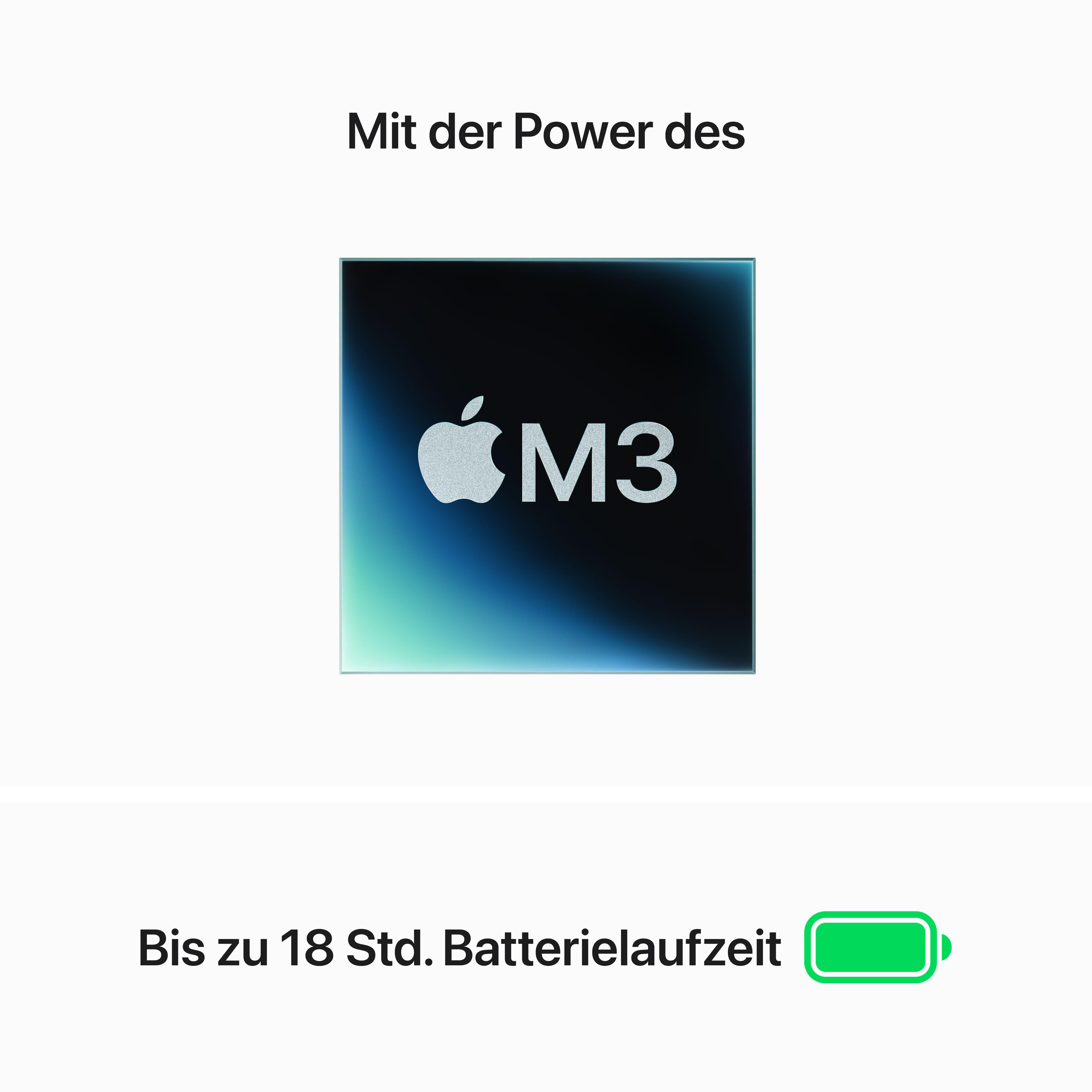 Eine Grafik mit dem Apple M3 Chip, Text 'Mit der Power des' und bis zu 18 Stunden Akkulaufzeit.