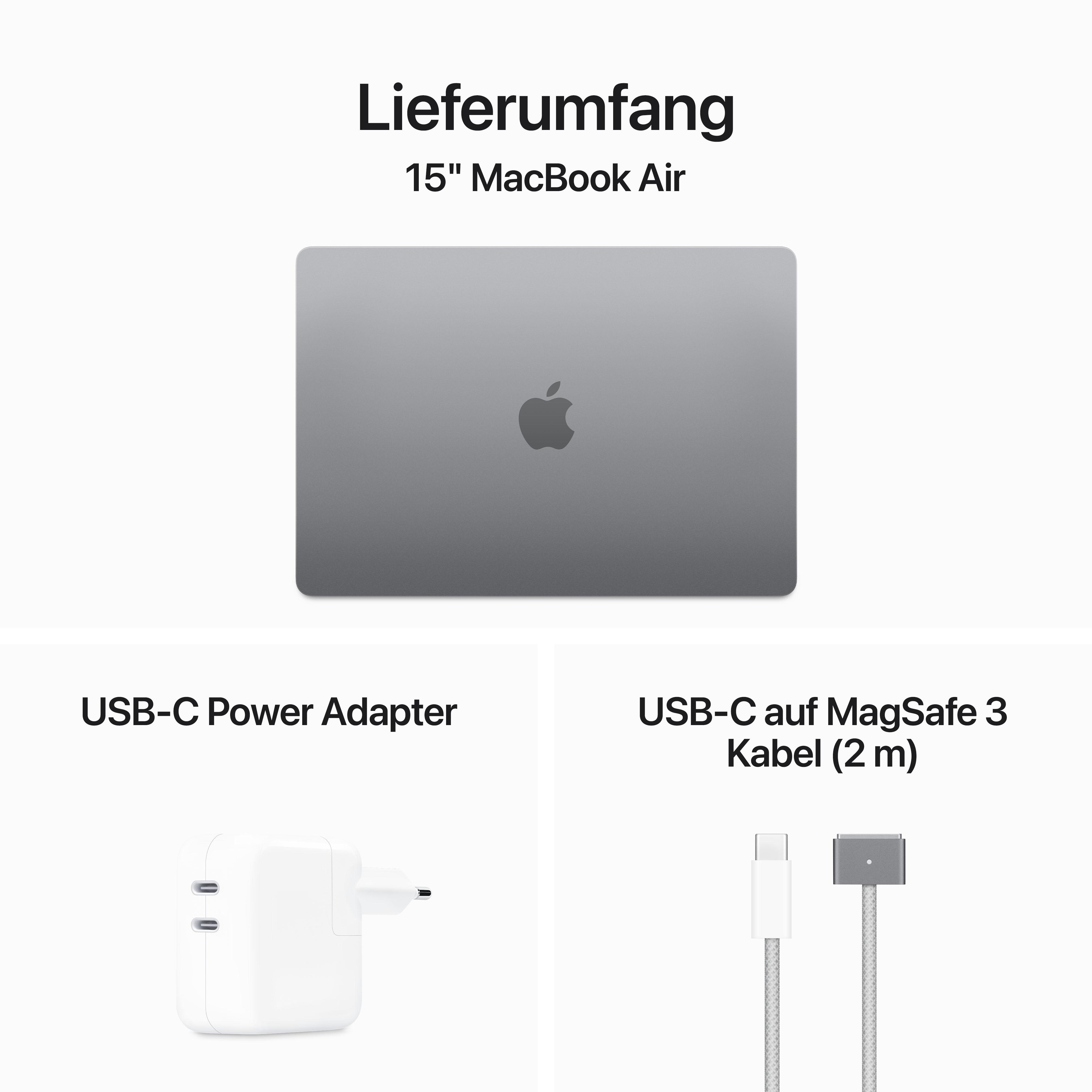 Bild, das ein MacBook Air, ein Netzteil und ein Kabel zeigt.