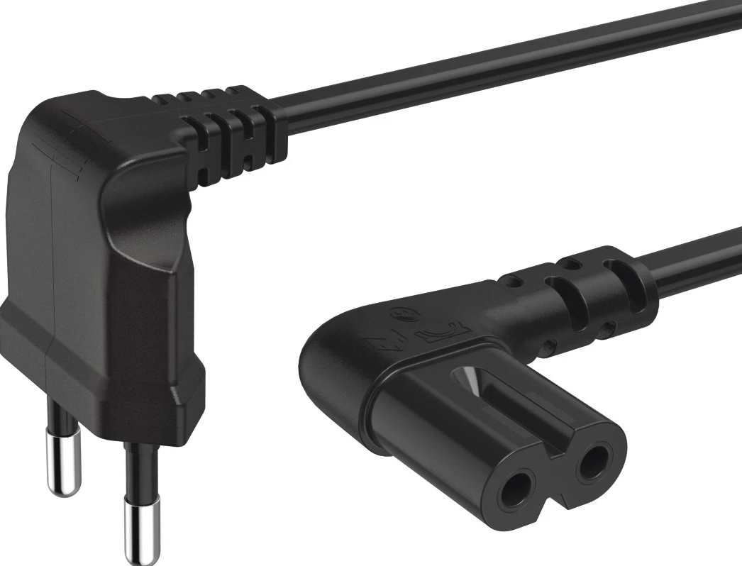 Zwei schwarze Netzkabel mit abgewinkelten Steckern. Eines hat zwei Stifte, das andere zwei Löcher.