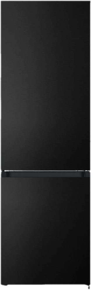 Réfrigérateur noir. Il a deux portes, un congélateur en bas et un design simple.