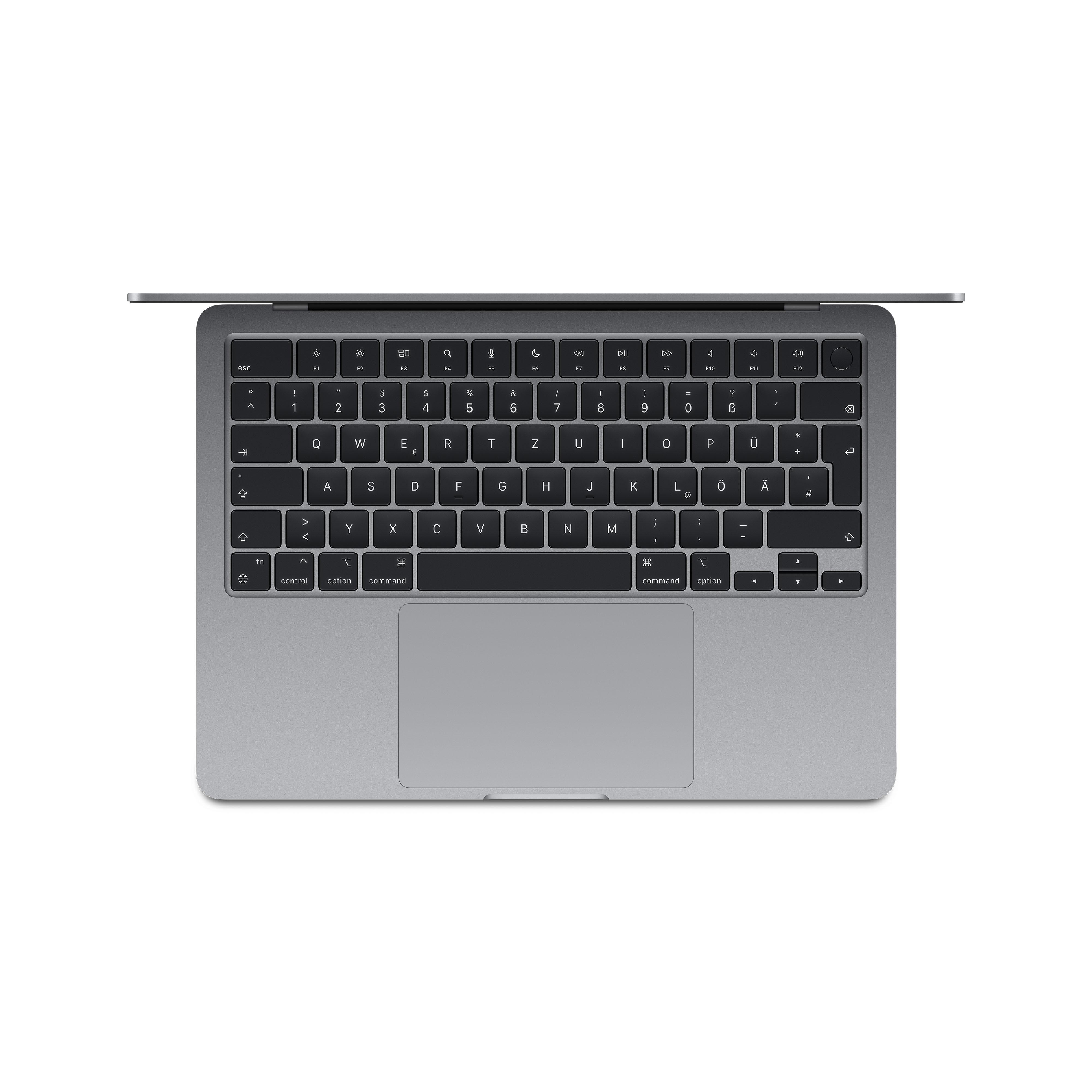 Draufsicht auf einen grauen Laptop mit schwarzer Tastatur und Trackpad. Der Bildschirm ist geöffnet.