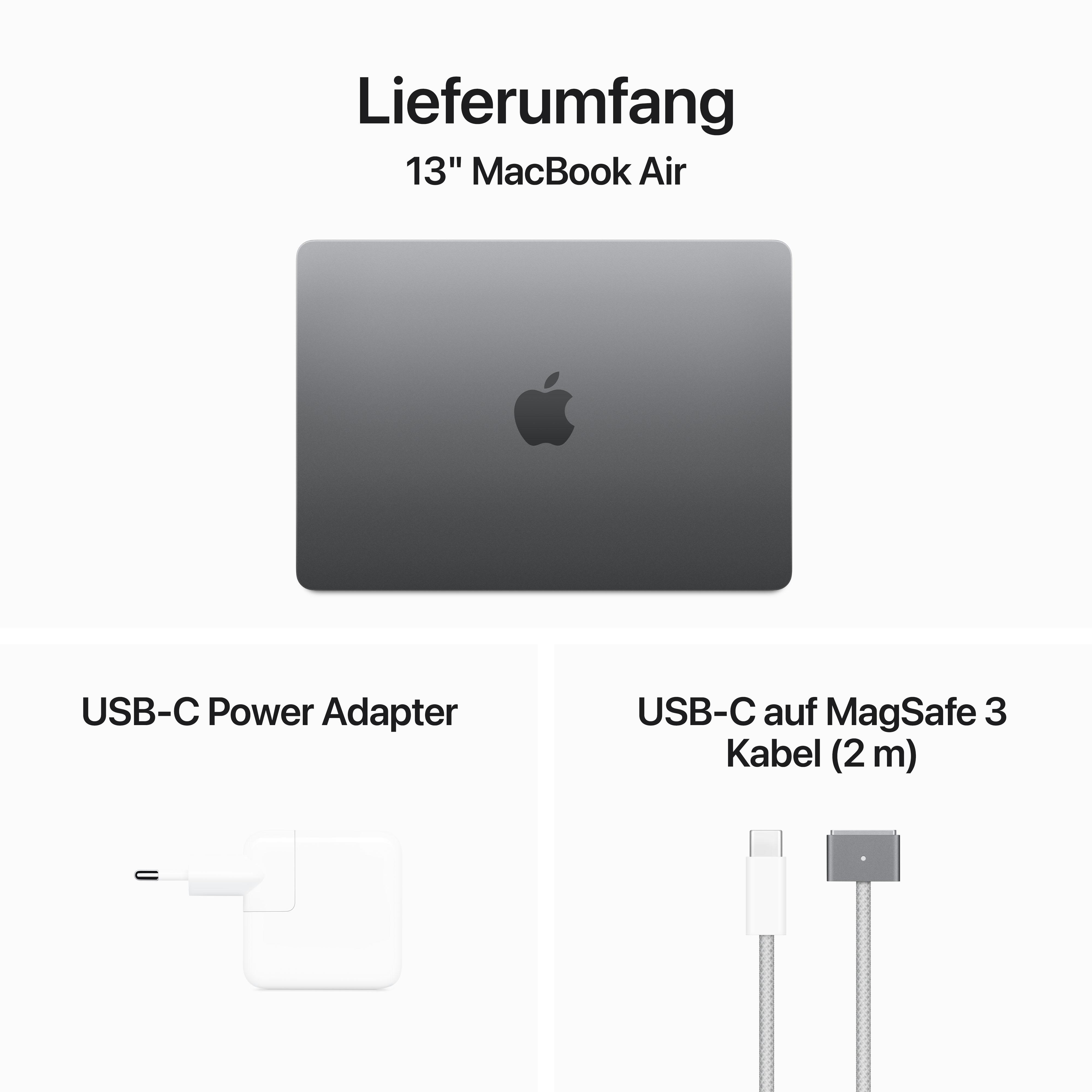 Das Bild zeigt ein graues MacBook Air, ein USB-C-Netzteil und ein USB-C-auf-MagSafe-3-Kabel.