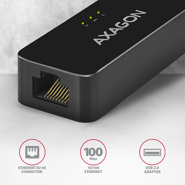 Fekete Axagon adapter RJ-45 csatlakozóval, 10/100 Ethernettel és USB 2.0 adapterrel.