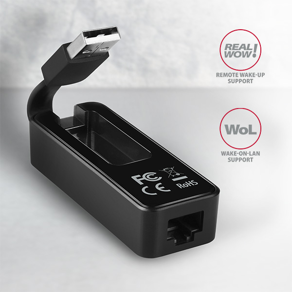 Fekete USB-Ethernet adapter USB csatlakozóval, RJ45 porttal és támogató ikonokkal.
