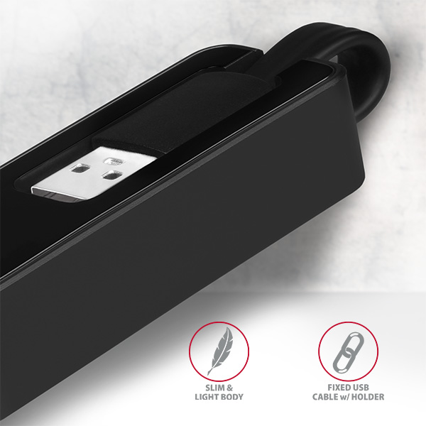 Fekete USB-C hub kábellel, vékony kialakítás és tartó ikonokkal.