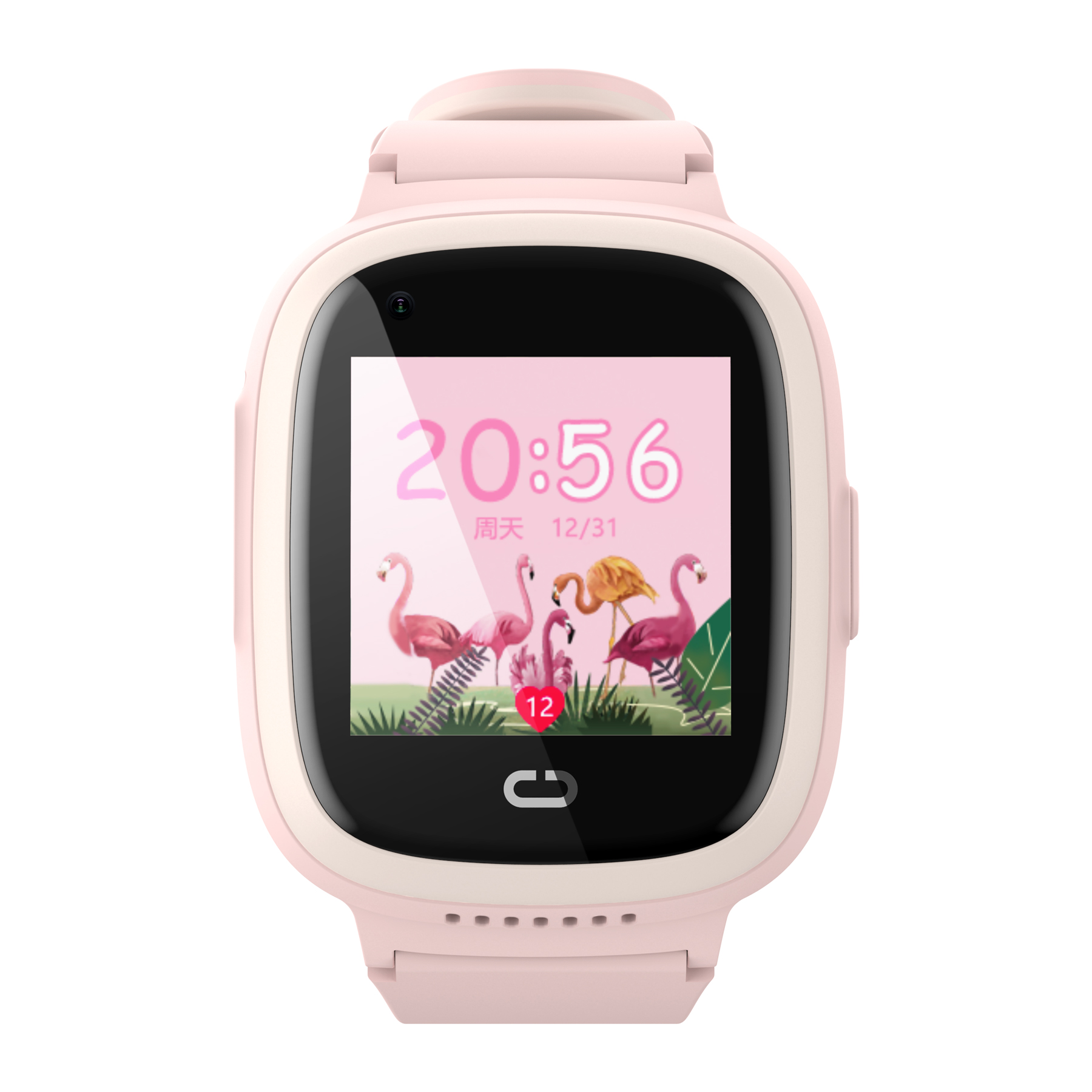 Pembe akıllı saat, zamanı ve flamingo grafiğini gösteren dijital ekranla.