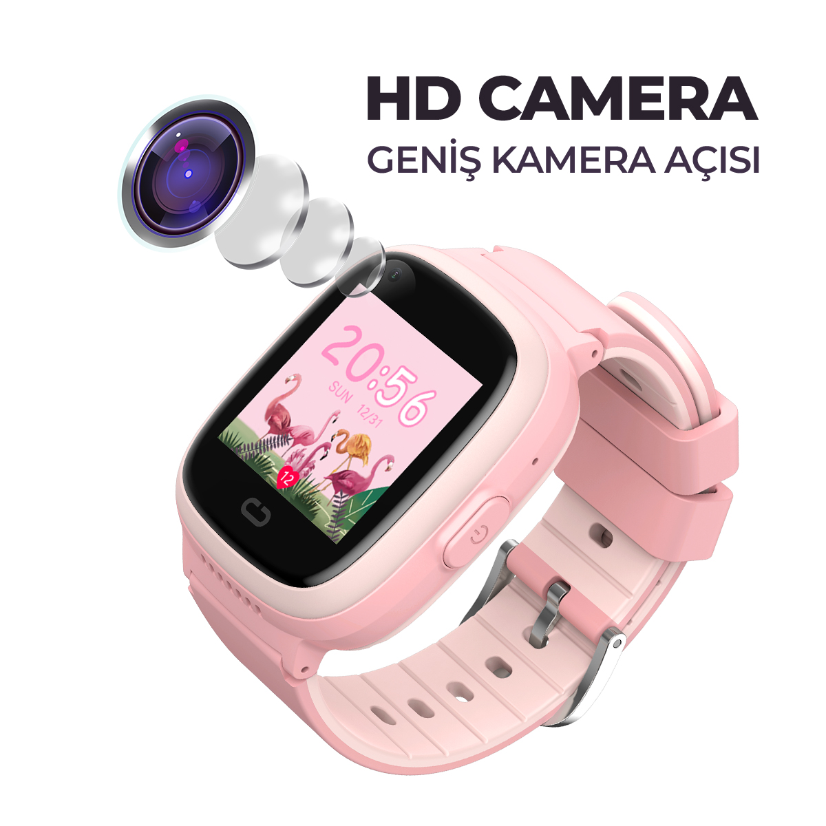 Zamanı ve flamingoları gösteren ekranlı pembe akıllı saat, HD kamera.