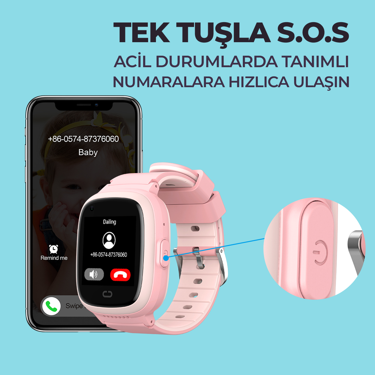 Pembe akıllı saat, bir bebek resmi ve gelen bir arama gösteriyor, SOS düğmesinin yakın çekimiyle.
